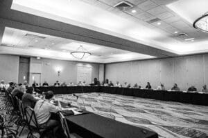 Conference meeting in large, carpeted room.