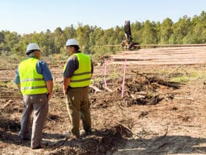 Two workers surveying cleared construction site