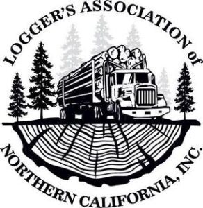 Logging truck with trees and text logo.